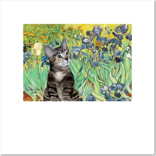 "Irises" the Masterpiece by Van Gogh has been Adapted to Include a Tabby Cat Posters and Art